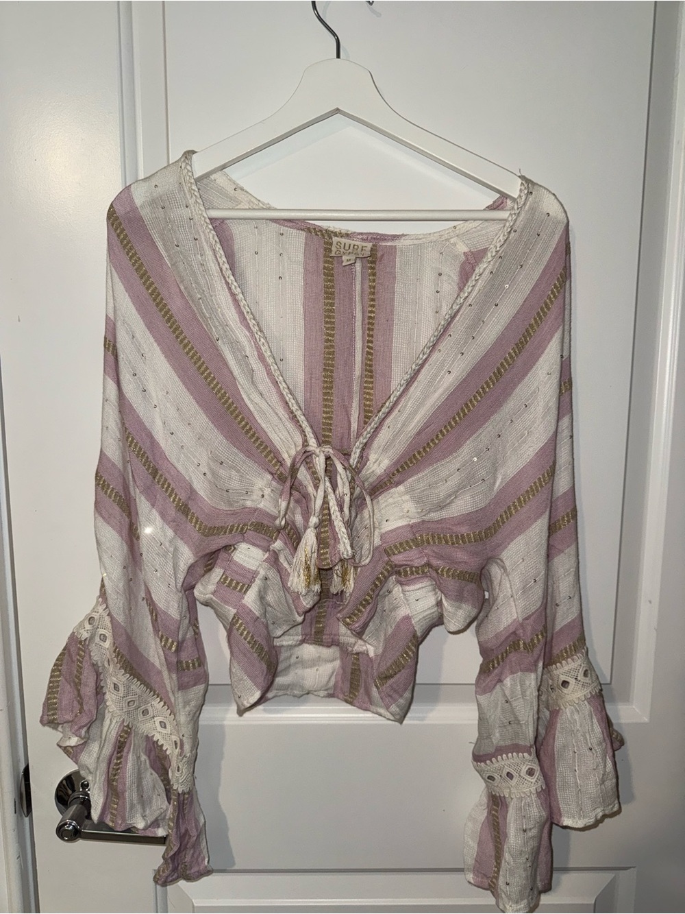 Surf Gypsy Striped Tie-Front Blouse in Mauve, Cream & Gold